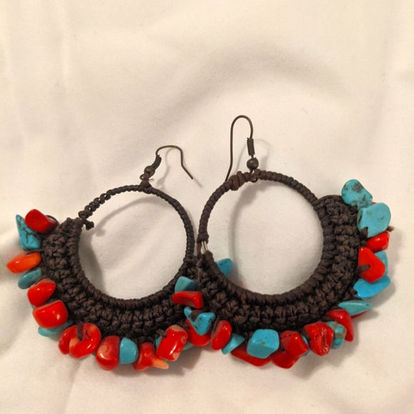Jewelry - Woven Turquoise and Coral Earrings
